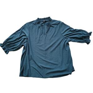 Lane Bryant Swiss Dot Mock V-Neck Bubble Elbow Sleeve Teal Blouse Women Sz 26/28